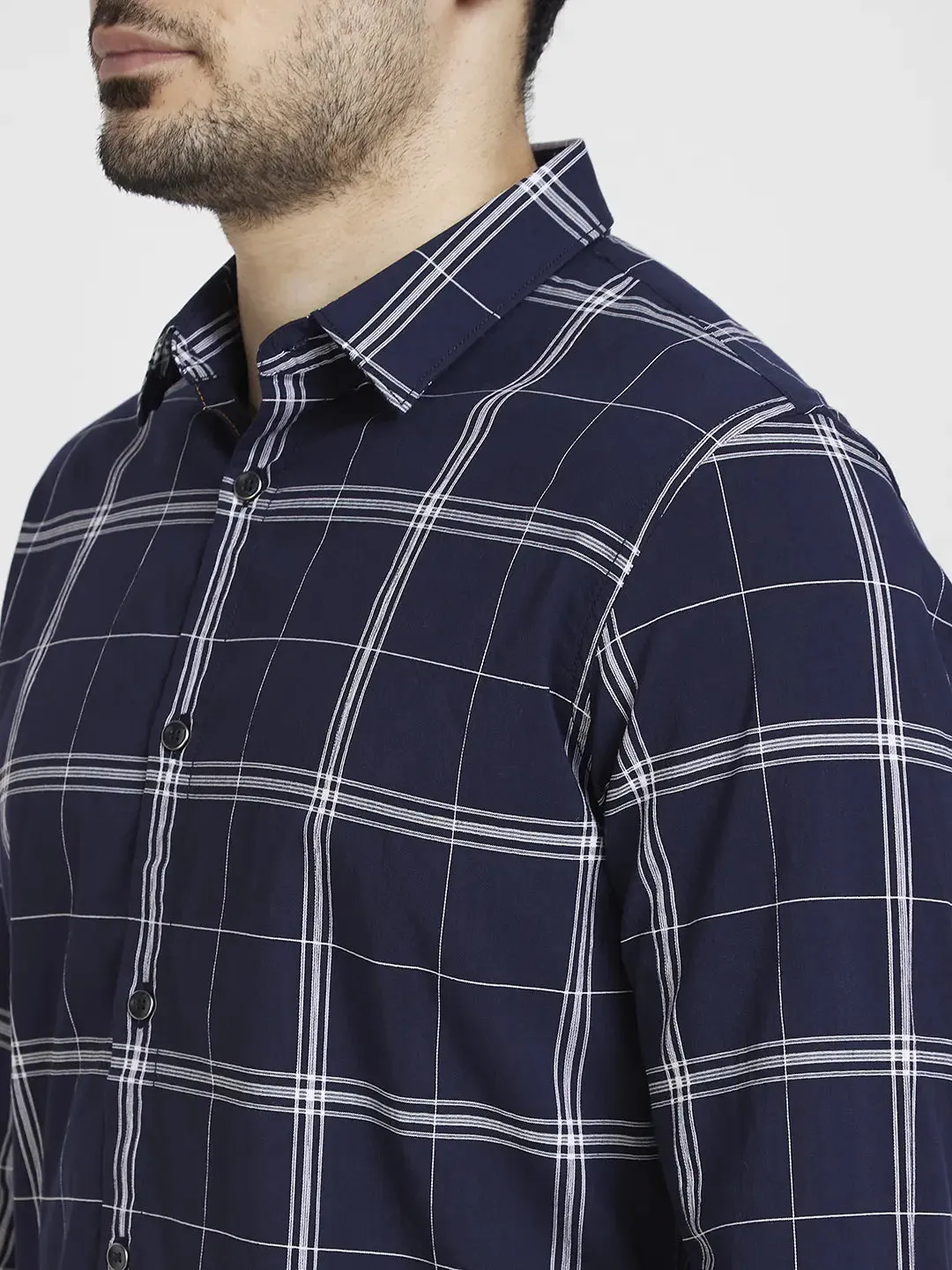 Spykar Men Navy Blue Cotton Regular Slim Fit Full Sleeve Checkered Shirt