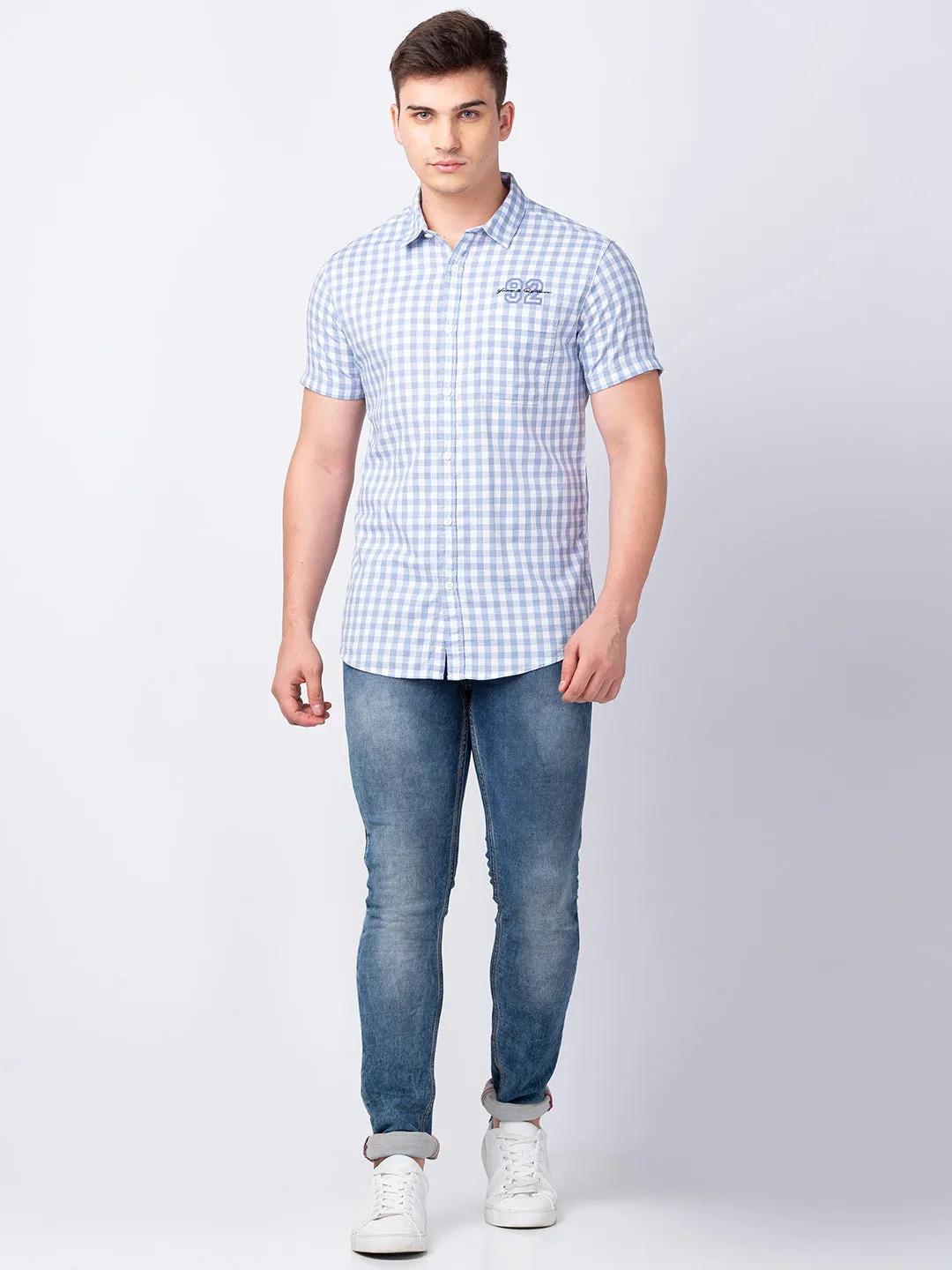 Spykar Men Silver Grey Cotton Slim Fit Checkered Shirt