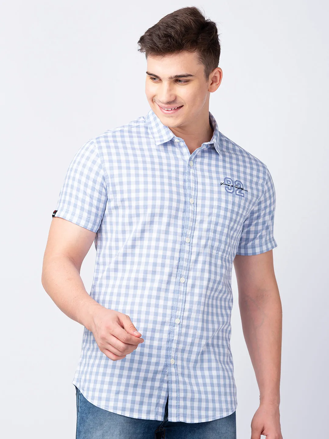 Spykar Men Silver Grey Cotton Slim Fit Checkered Shirt