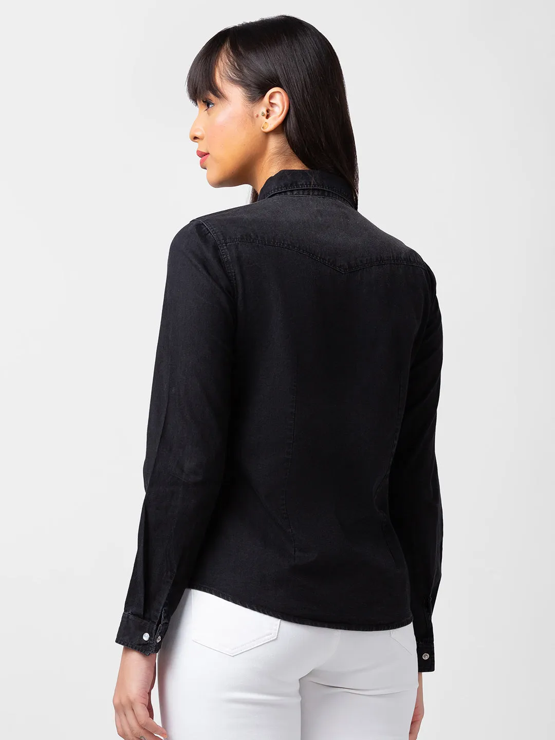 Spykar Women Black Cotton Regular Fit Denim Shirts