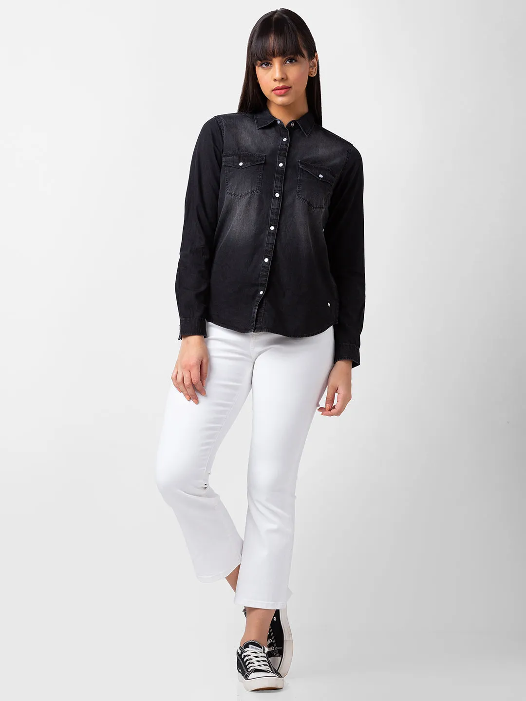 Spykar Women Black Cotton Regular Fit Denim Shirts