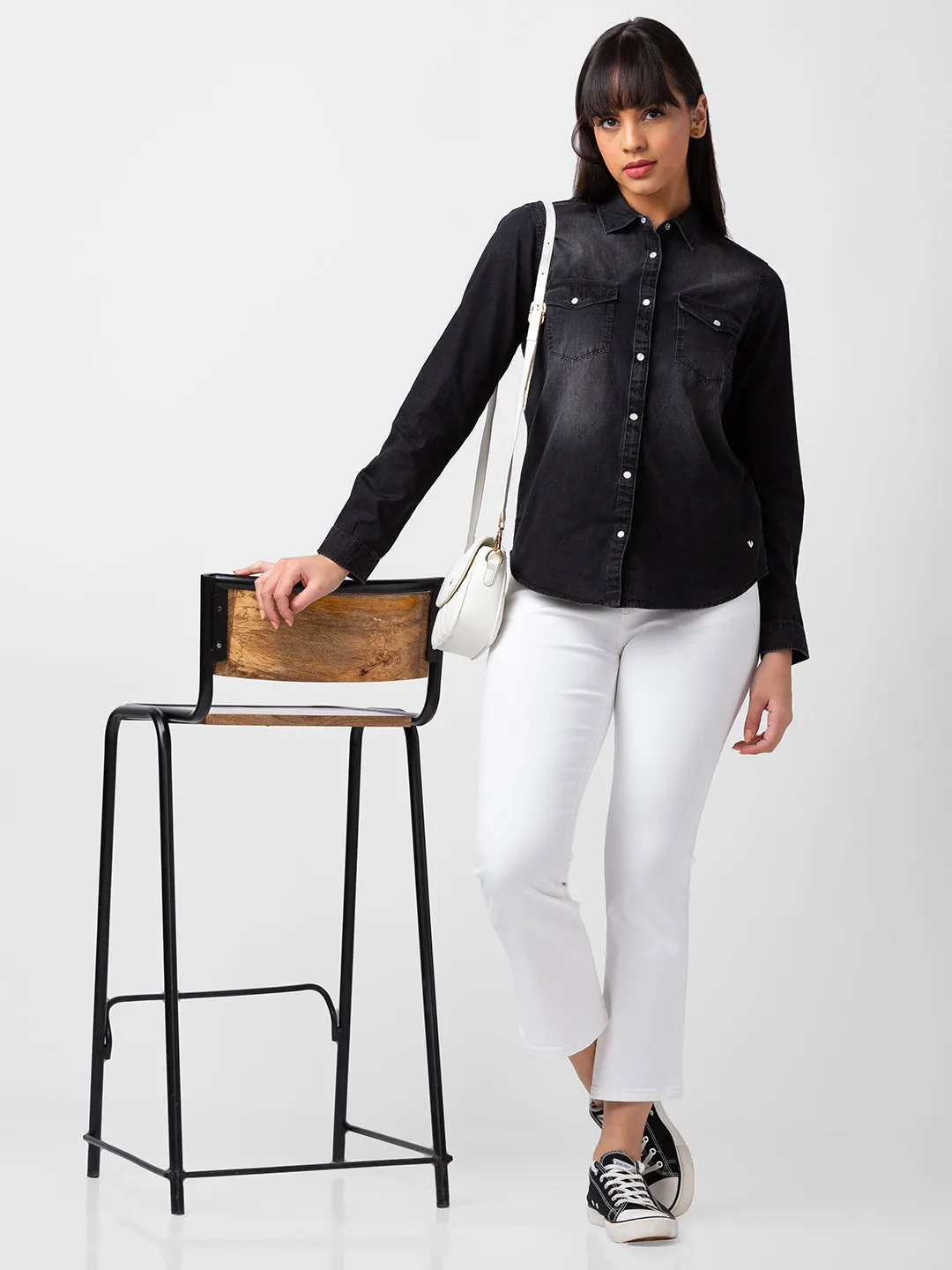 Spykar Women Black Cotton Regular Fit Denim Shirts