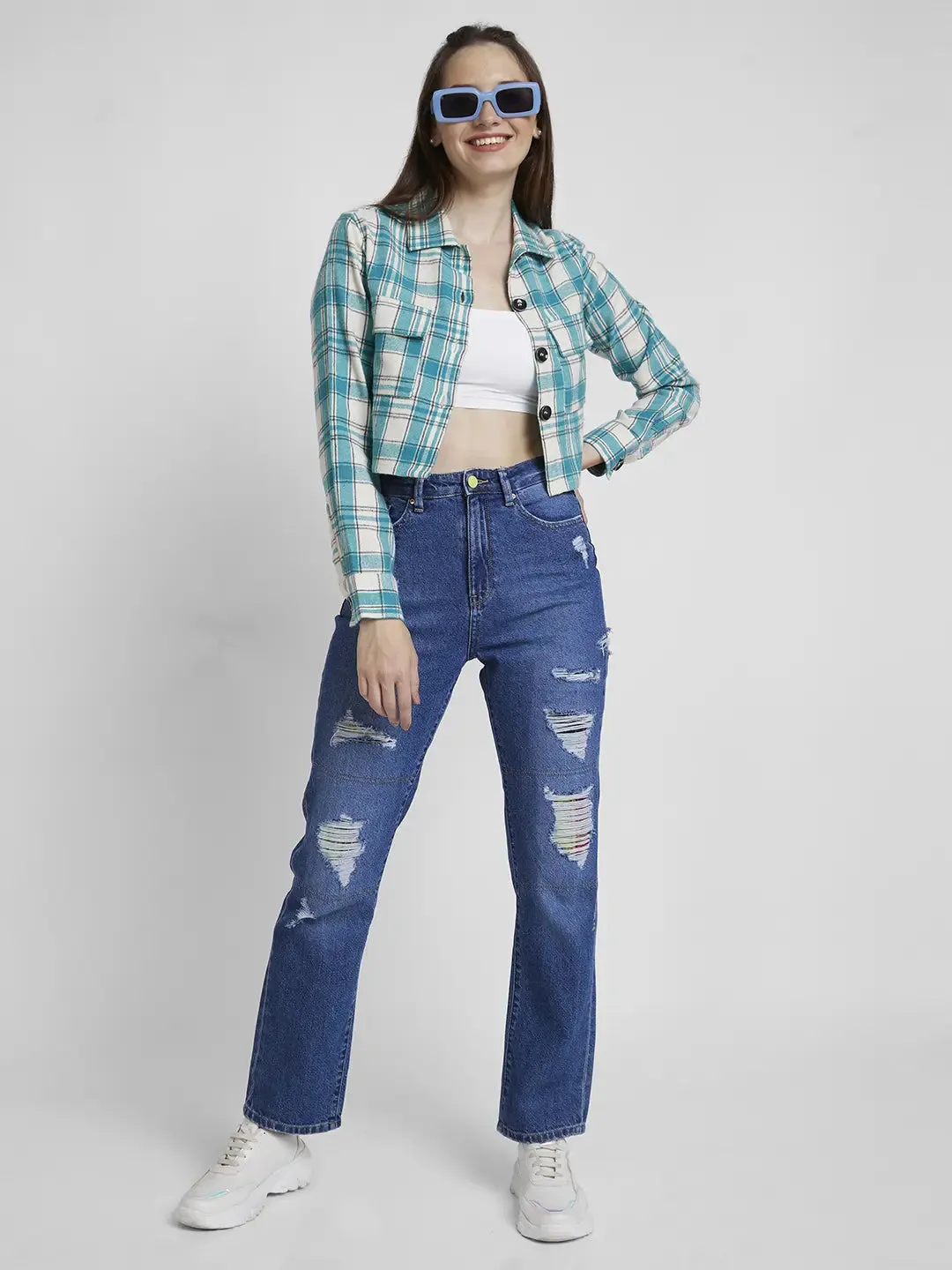 Spykar Women Green Cotton Oversize Fit Full Sleeve Checkered Crop Shirt