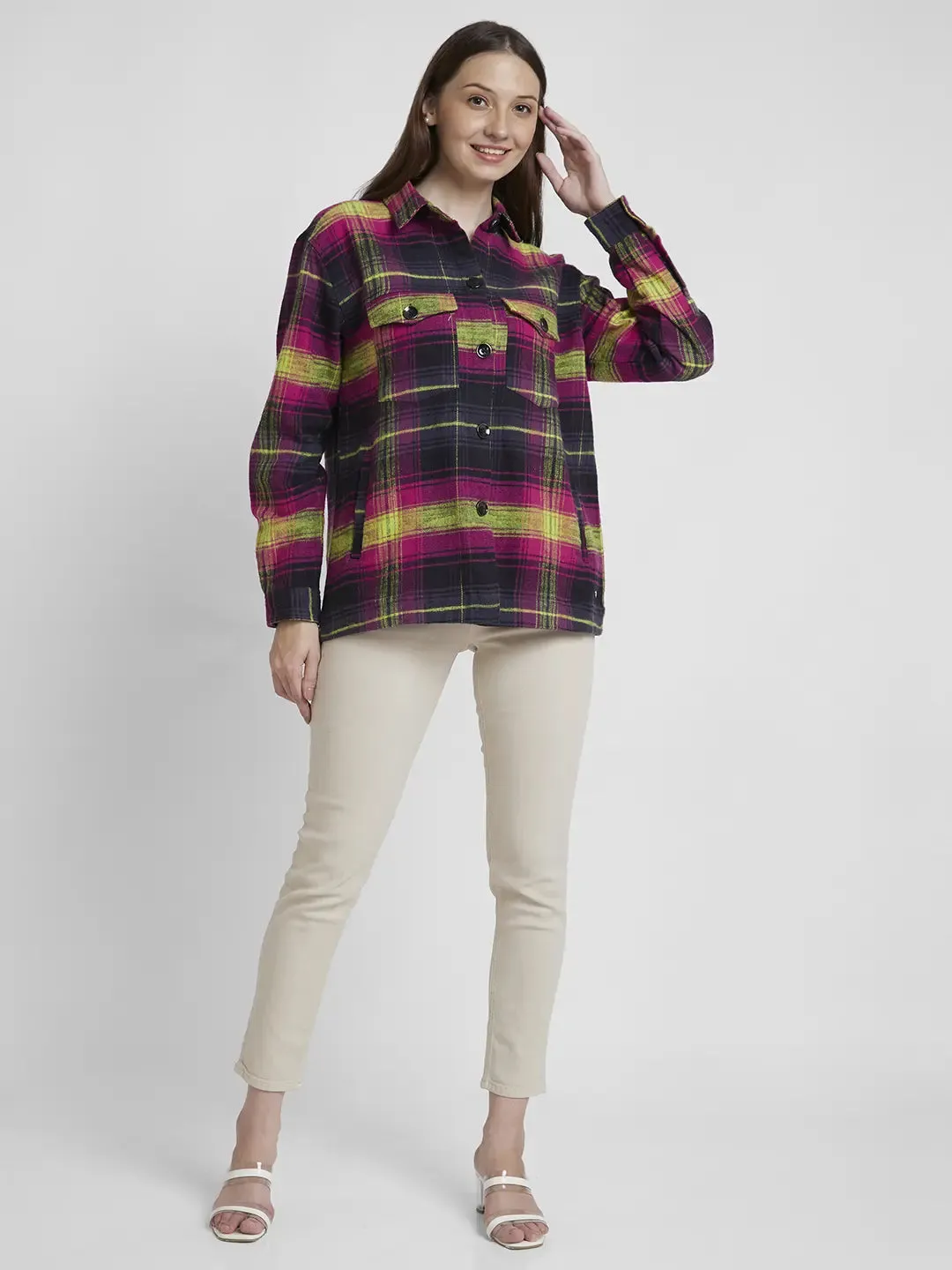 Spykar Women Magenta Cotton Oversize Fit Full Sleeve Checkered Shirt