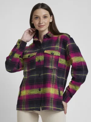 Spykar Women Magenta Cotton Oversize Fit Full Sleeve Checkered Shirt