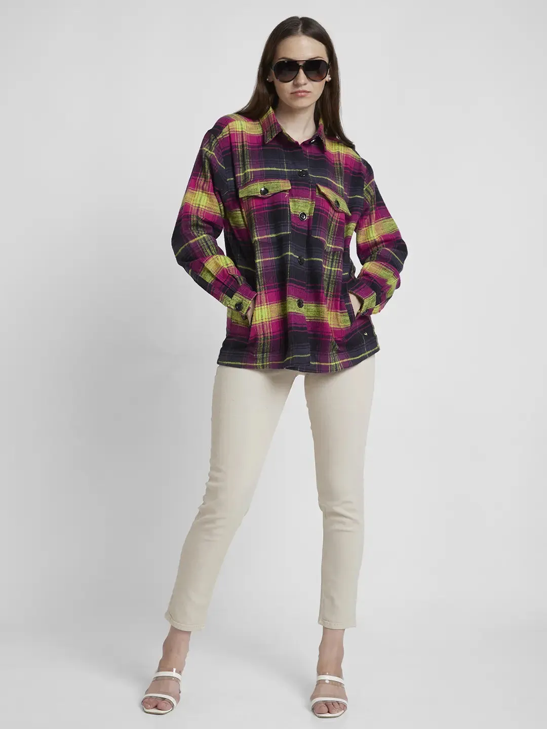 Spykar Women Magenta Cotton Oversize Fit Full Sleeve Checkered Shirt