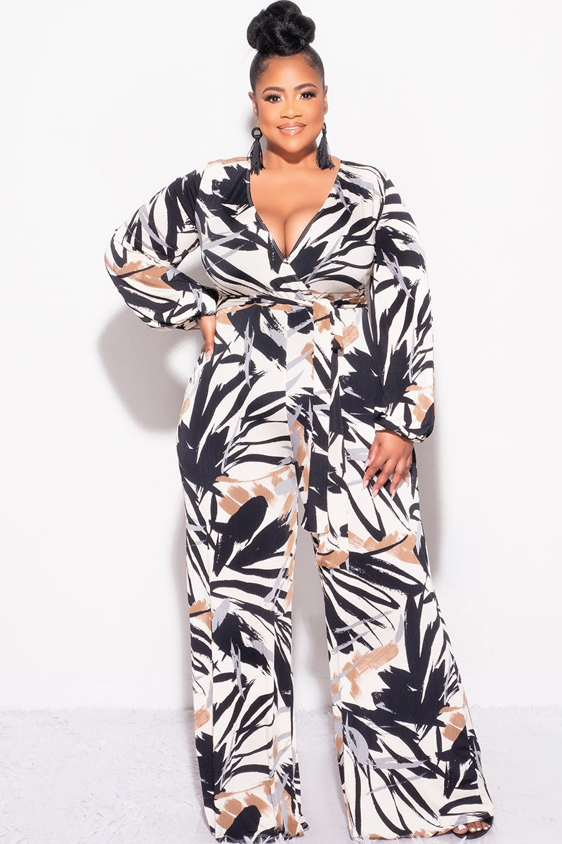 Chilly Weather Fit AbrasionResistant Final Sale Plus Size Ribbed Faux Wrap Tie Jumpsuit in Black Brown and Tan Design Print