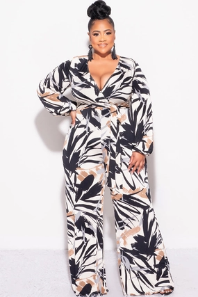 Chilly Weather Fit AbrasionResistant Final Sale Plus Size Ribbed Faux Wrap Tie Jumpsuit in Black Brown and Tan Design Print