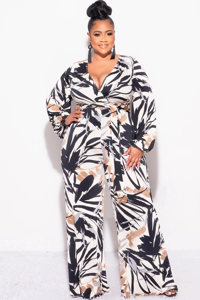 Slimline Fit Low Bulk Material Final Sale Plus Size Ribbed Faux Wrap Tie Jumpsuit in Black Brown and Tan Design Print