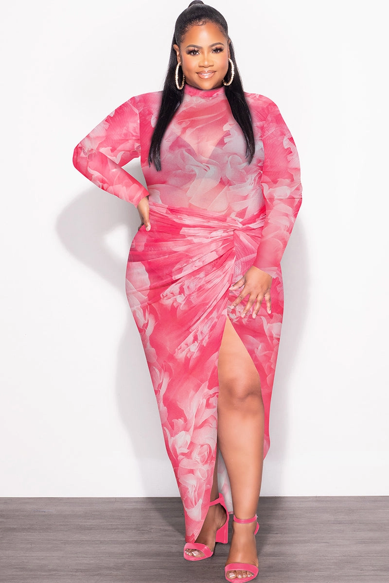 Final Sale Plus Size 2-Pc Mesh Set with Bodysuit & High Split Skirt in Pink Floral Print Wrinkle Free Fabric