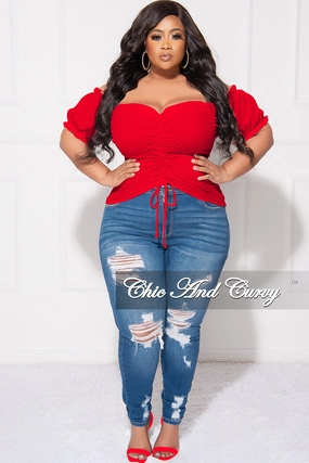 Final Sale Plus Size Off the Shoulder Frill Top with Middle Drawstring and Ruffle Bottom in Red Functional Comfort Wear Chill Fit