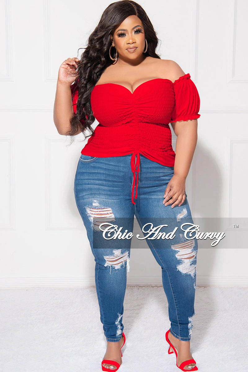 Final Sale Plus Size Off the Shoulder Frill Top with Middle Drawstring and Ruffle Bottom in Red No Gap Waist Construction