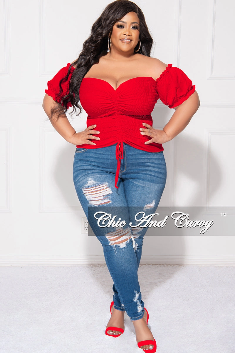 Unrestricted Movement Final Sale Plus Size Off the Shoulder Frill Top with Middle Drawstring and Ruffle Bottom in Red