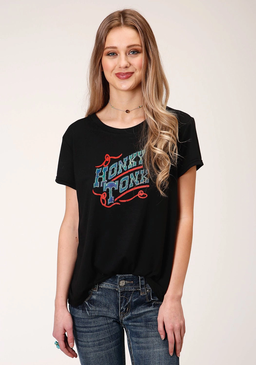 Roper Womens Black Poly/Rayon Honky Tonk S/S T-Shirt Casual Layer Weekend Style