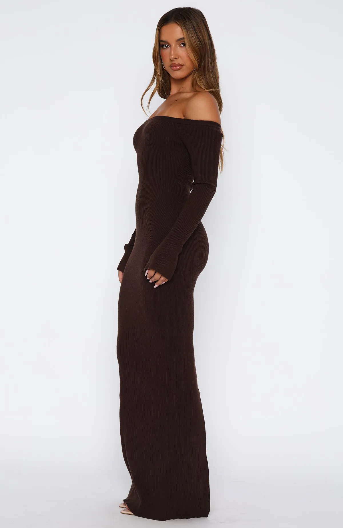 Soft Cotton Blend Star Studded Long Sleeve Knit Maxi Dress Chocolate