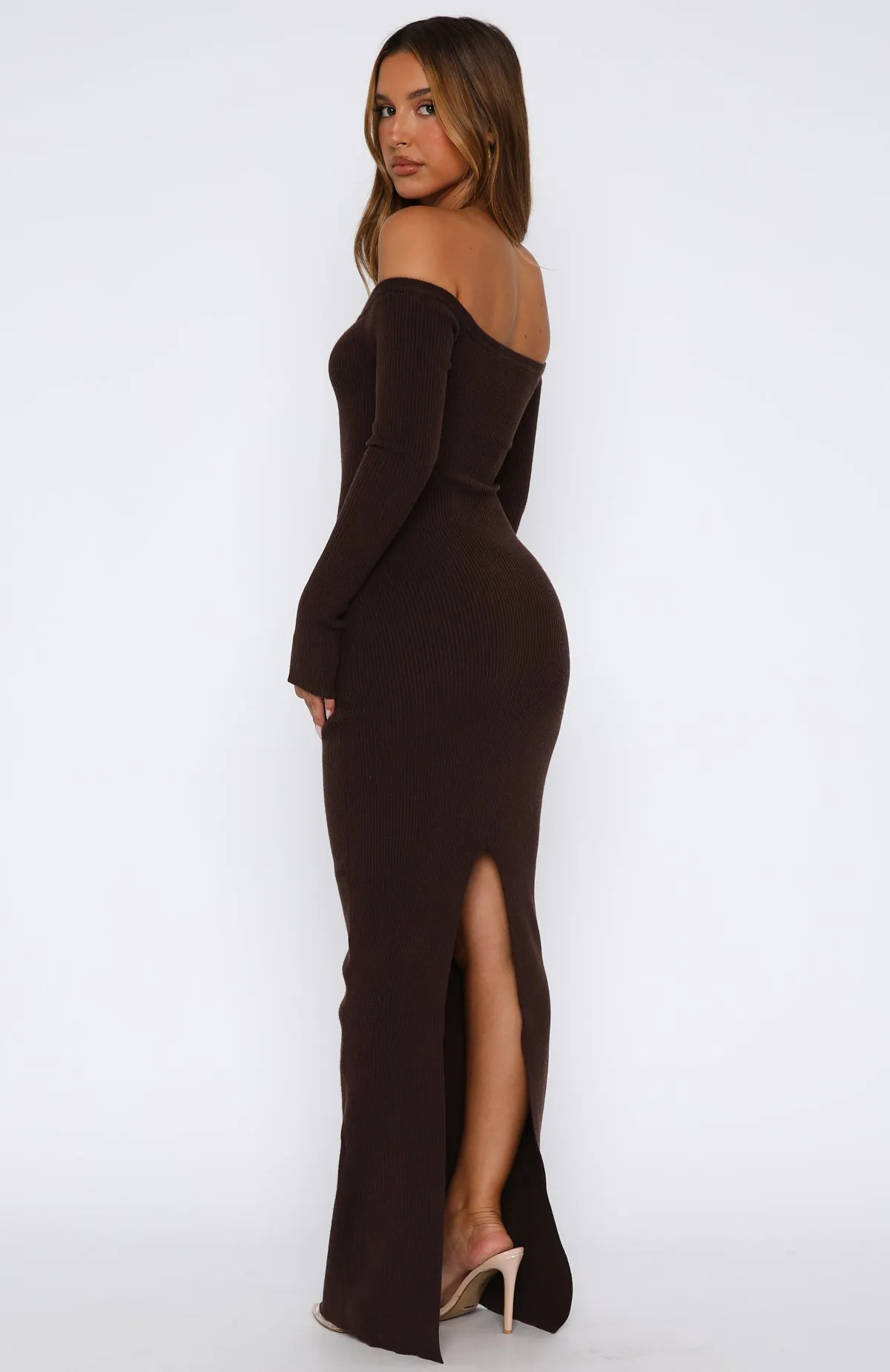 Star Studded Long Sleeve Knit Maxi Dress Chocolate GarmentWashedFinish MoistureWickingTechnology