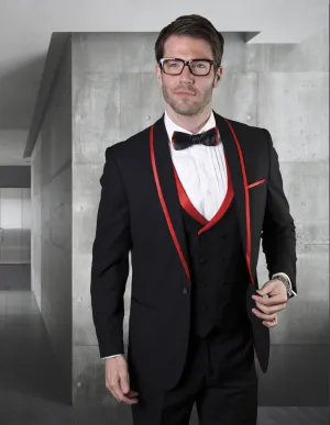Statement Black Tuxedo With Gold Trim 3pc Flat Front Pants With Bow Tie| GENOVA-2| Red