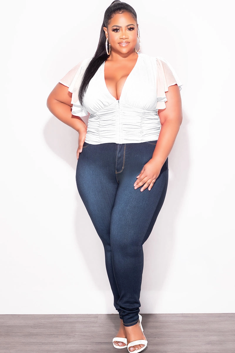 sport chic Final Sale Plus Size Chiffon Ruched Corset Blouse with Flutter Sleeves in White