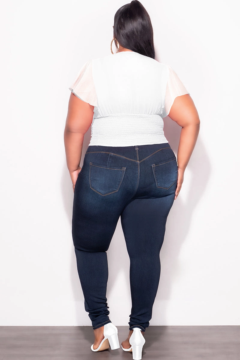 Final Sale Plus Size Chiffon Ruched Corset Blouse with Flutter Sleeves in White Sporty Layers