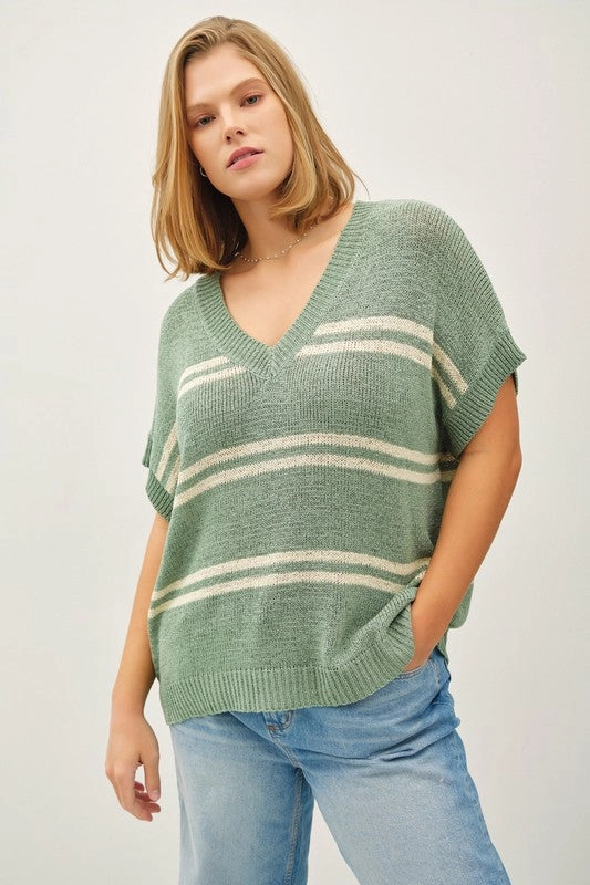 Tagless Neckline LILLIAN STRIPED V-NECK SWEATER TOP