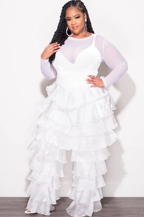 Final Sale Plus Size High Waist Ruffle Pants in White Versatile Fashion Elastic waist