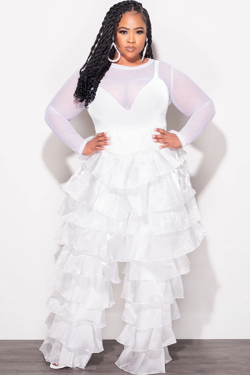 Durable Hemming Final Sale Plus Size High Waist Ruffle Pants in White