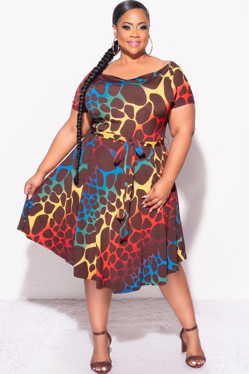 Final Sale Plus Size Dress in Brown Multi-Color Giraffe Print Fashionable Cut Comfort Design