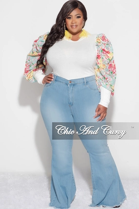 Final Sale Plus Size Long Sleeve Ribbed Top with Puffy Sleeves in Yellow Multi Floral Print Casual Active
