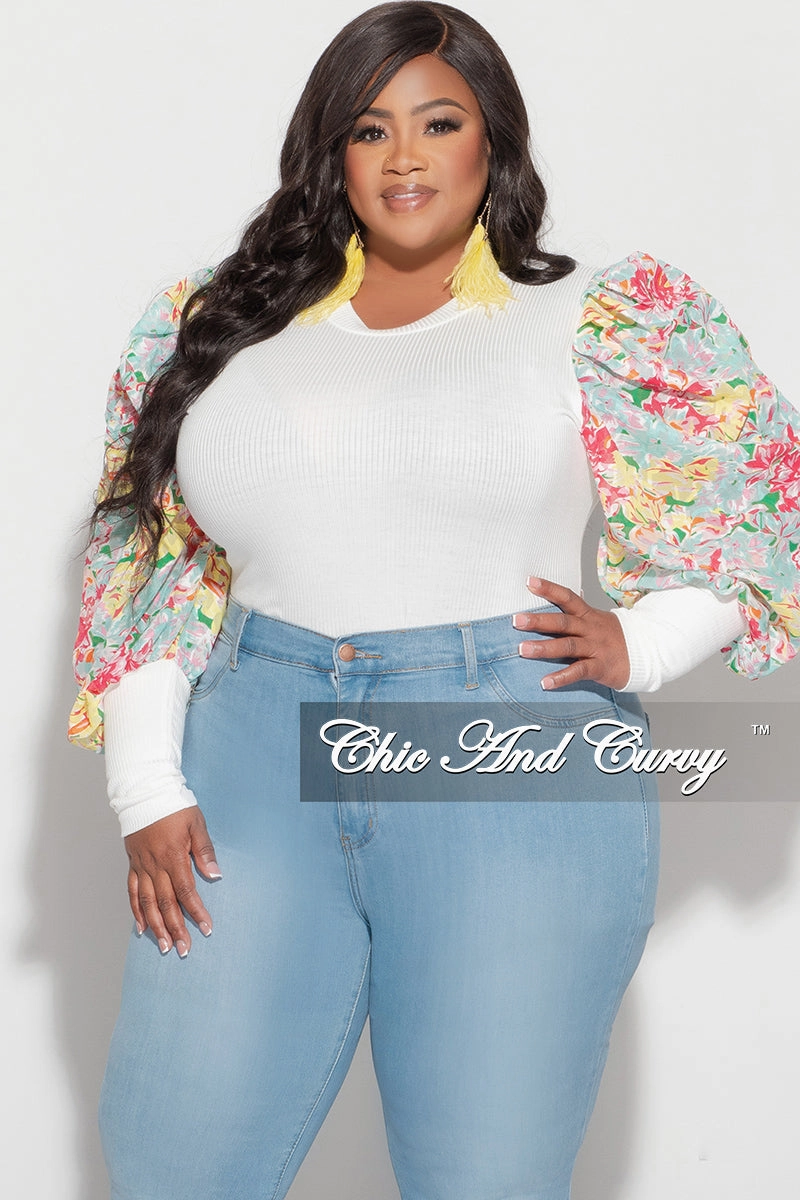 Final Sale Plus Size Long Sleeve Ribbed Top with Puffy Sleeves in Yellow Multi Floral Print Layered Comfort Comfortable Stretch