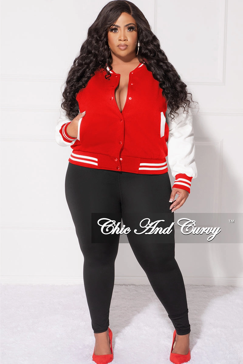 LightweightInsulation Work Flex Final Sale Plus Size Plain Varsity Jacket in Red and White