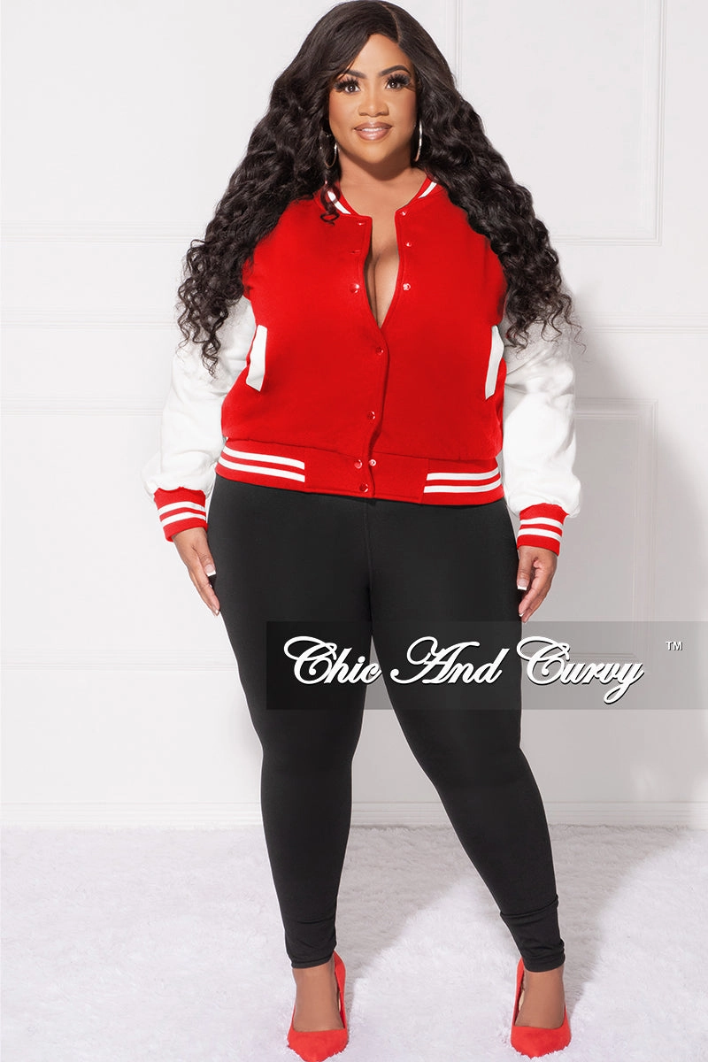 Flattering Design Wear Final Sale Plus Size Plain Varsity Jacket in Red and White