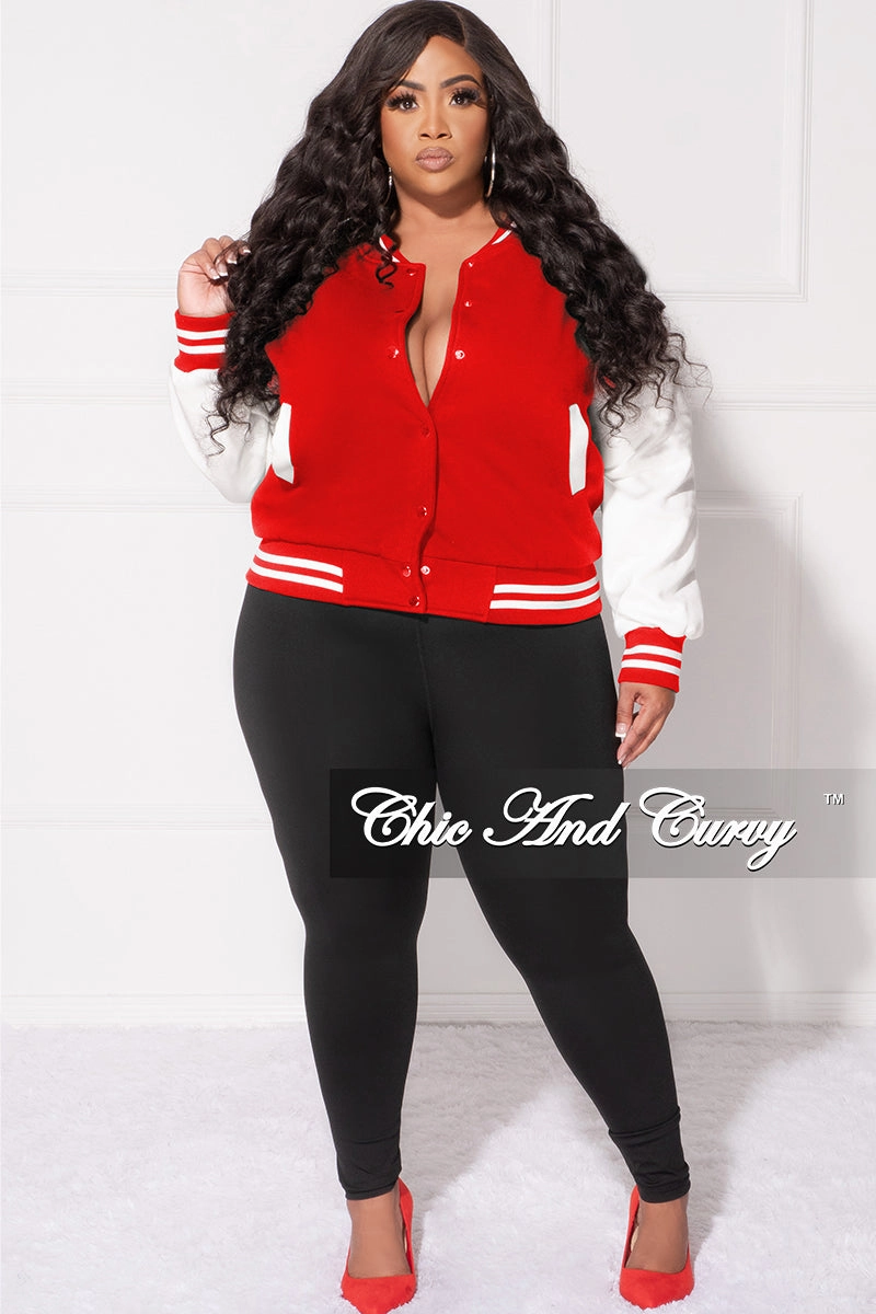 SecureClosures Water-resistant Final Sale Plus Size Plain Varsity Jacket in Red and White