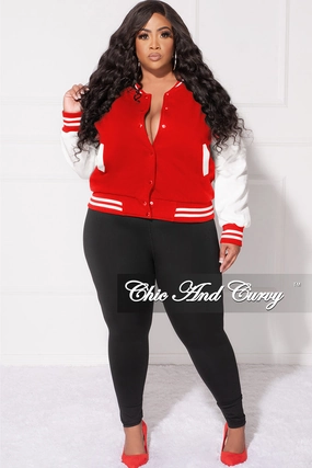 SecureClosures Water-resistant Final Sale Plus Size Plain Varsity Jacket in Red and White