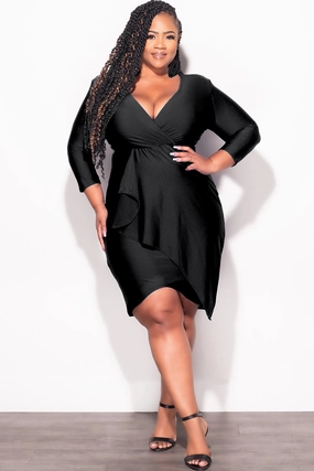 Final Sale Plus Size Faux Wrap Puffy Sleeve BodyCon Overlay Tulip Dress in Black Active Appeal Cozy Waist