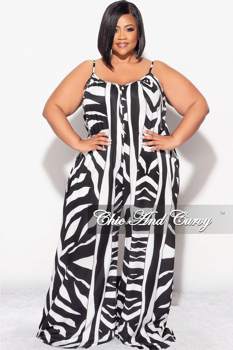 Final Sale Plus Size Jumpsuit with Spaghetti Straps & Ruffled Ankles in Black and White TearResistantMaterial Durable Weave