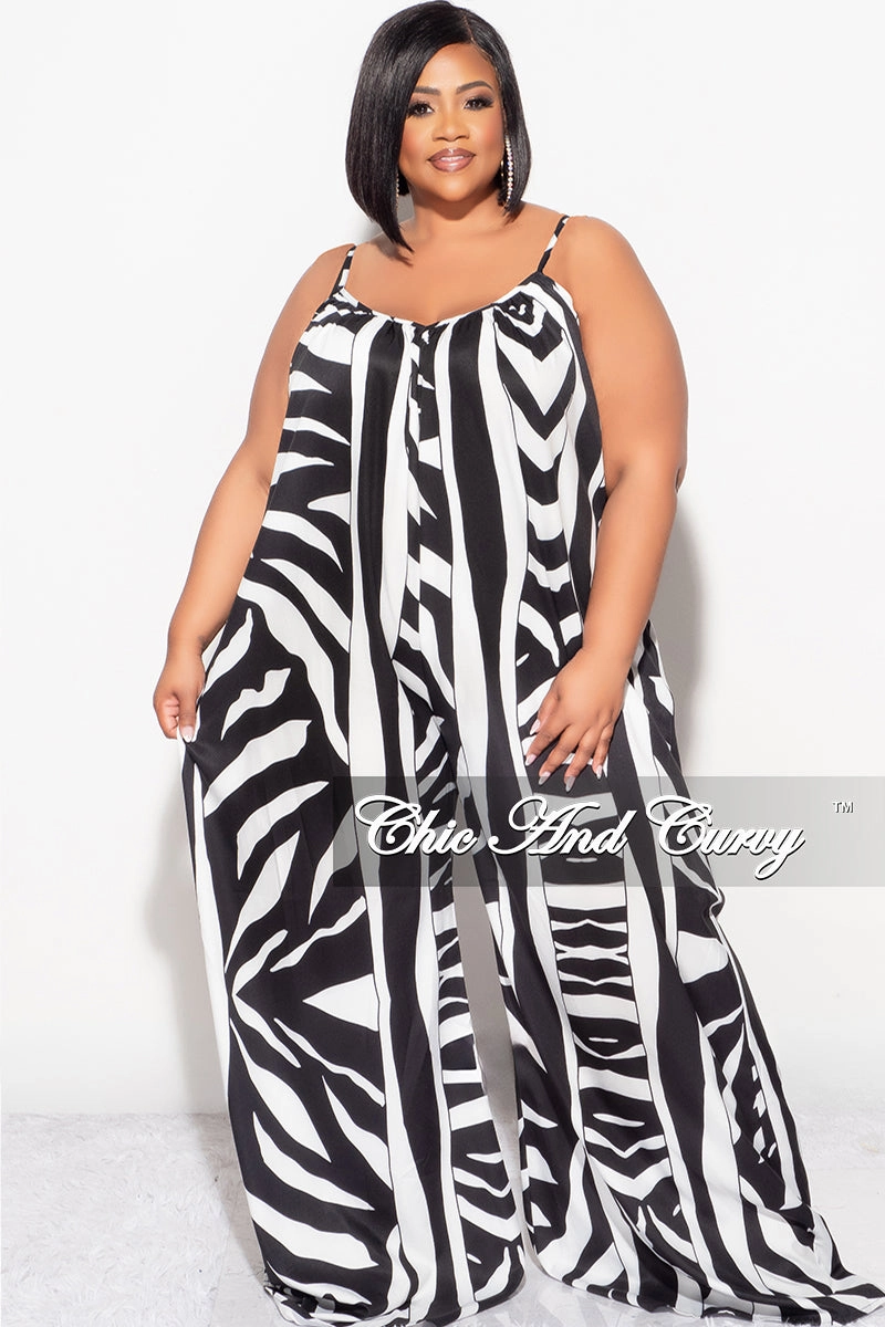 Tapered Leg Design Final Sale Plus Size Jumpsuit with Spaghetti Straps & Ruffled Ankles in Black and White
