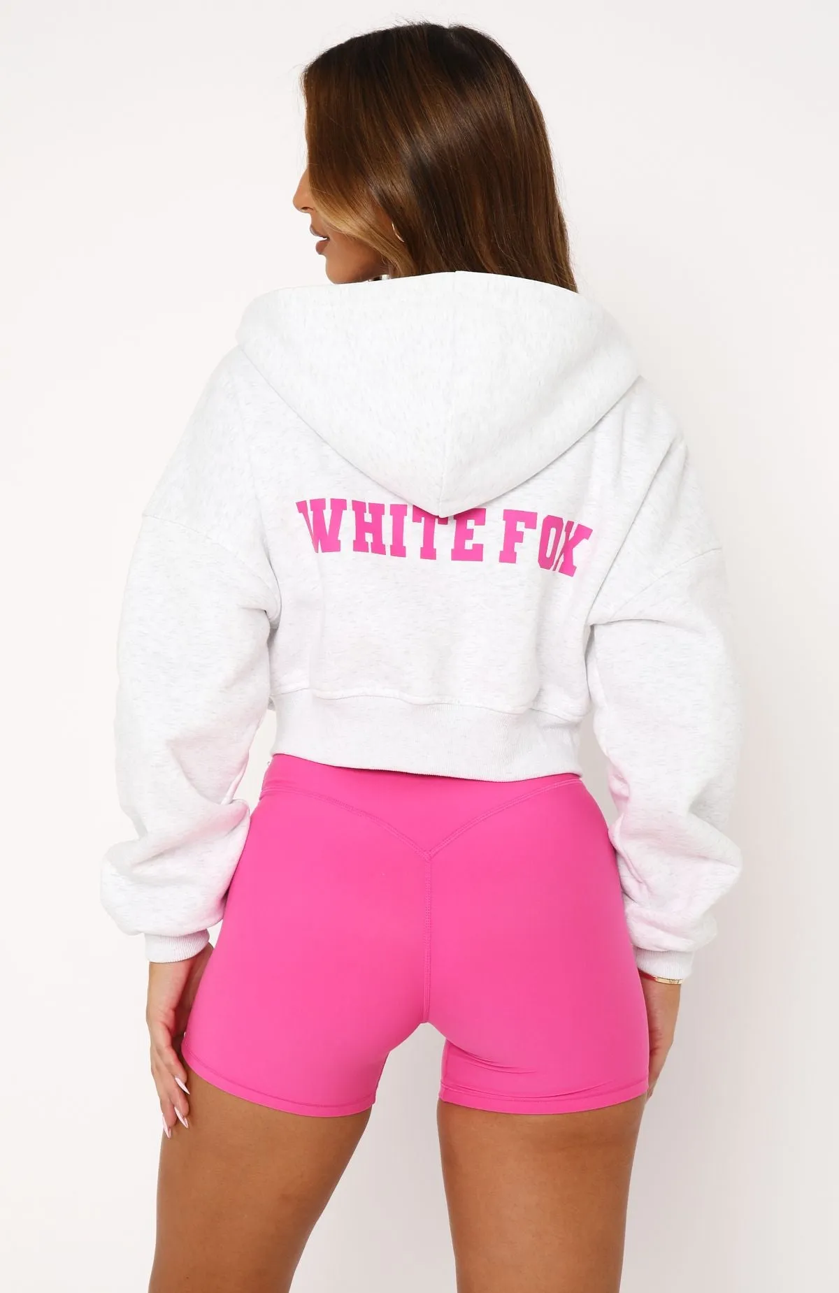Stepping Out Cropped Hoodie Grey Marle/Pink Cozy Sweater
