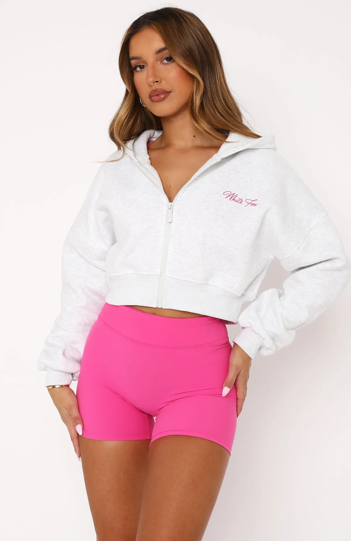 Stepping Out Cropped Hoodie Grey Marle/Pink Comfortable Style Reinforced Seams