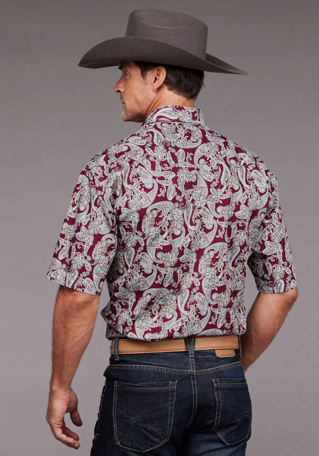 Breathable Cotton Embroidered Logo Stetson Mens 2035 Country Paisley Wine 100% Cotton S/S Shirt