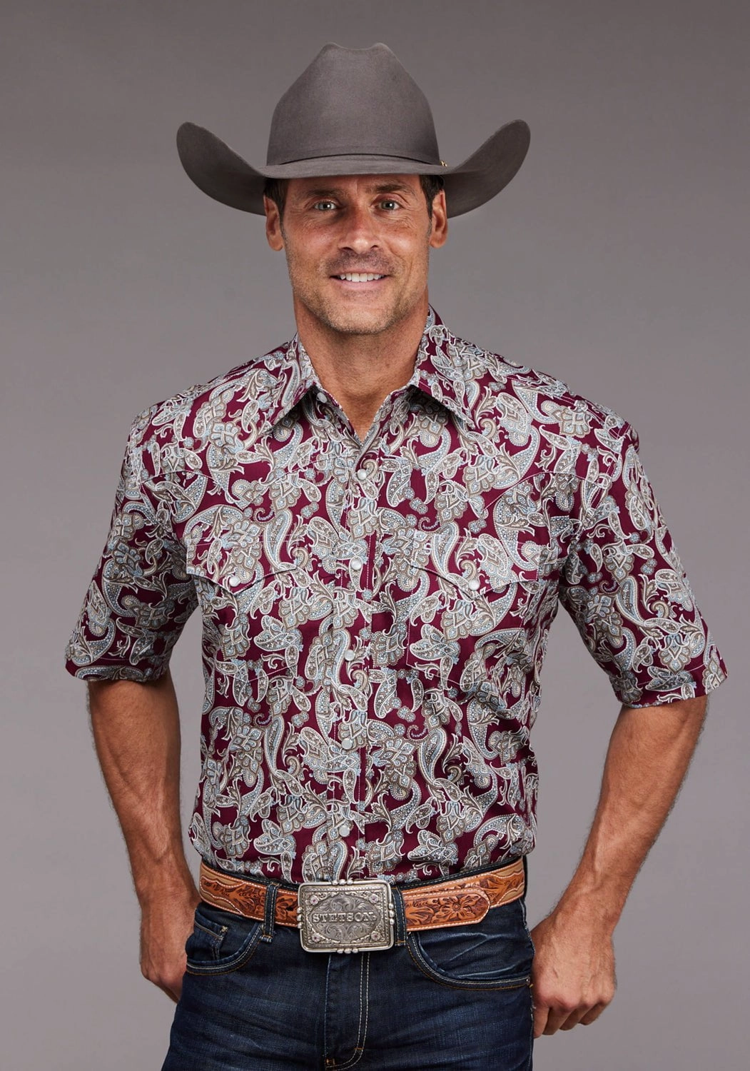 Flexible Mobility Stetson Mens 2035 Country Paisley Wine 100% Cotton S/S Shirt