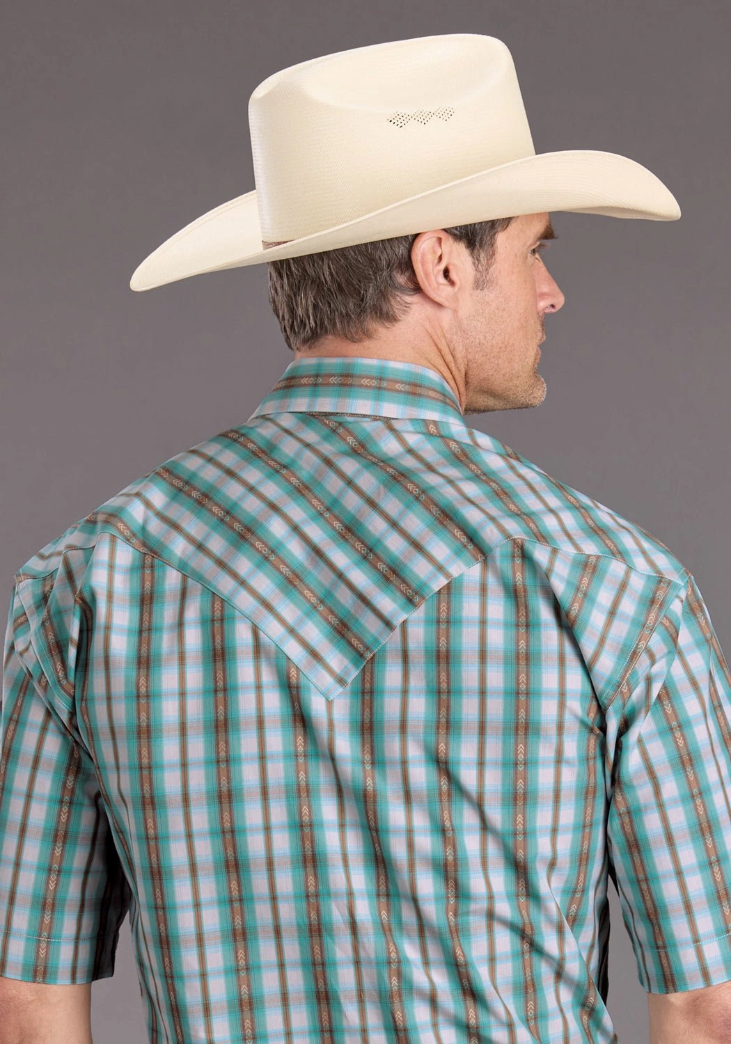 Corporate Retreat Tailored Style Stetson Mens 2397 Vintage Plaid Turquoise 100% Cotton S/S Shirt