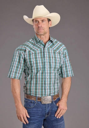 Stetson Mens 2397 Vintage Plaid Turquoise 100% Cotton S/S Shirt Artistic Design