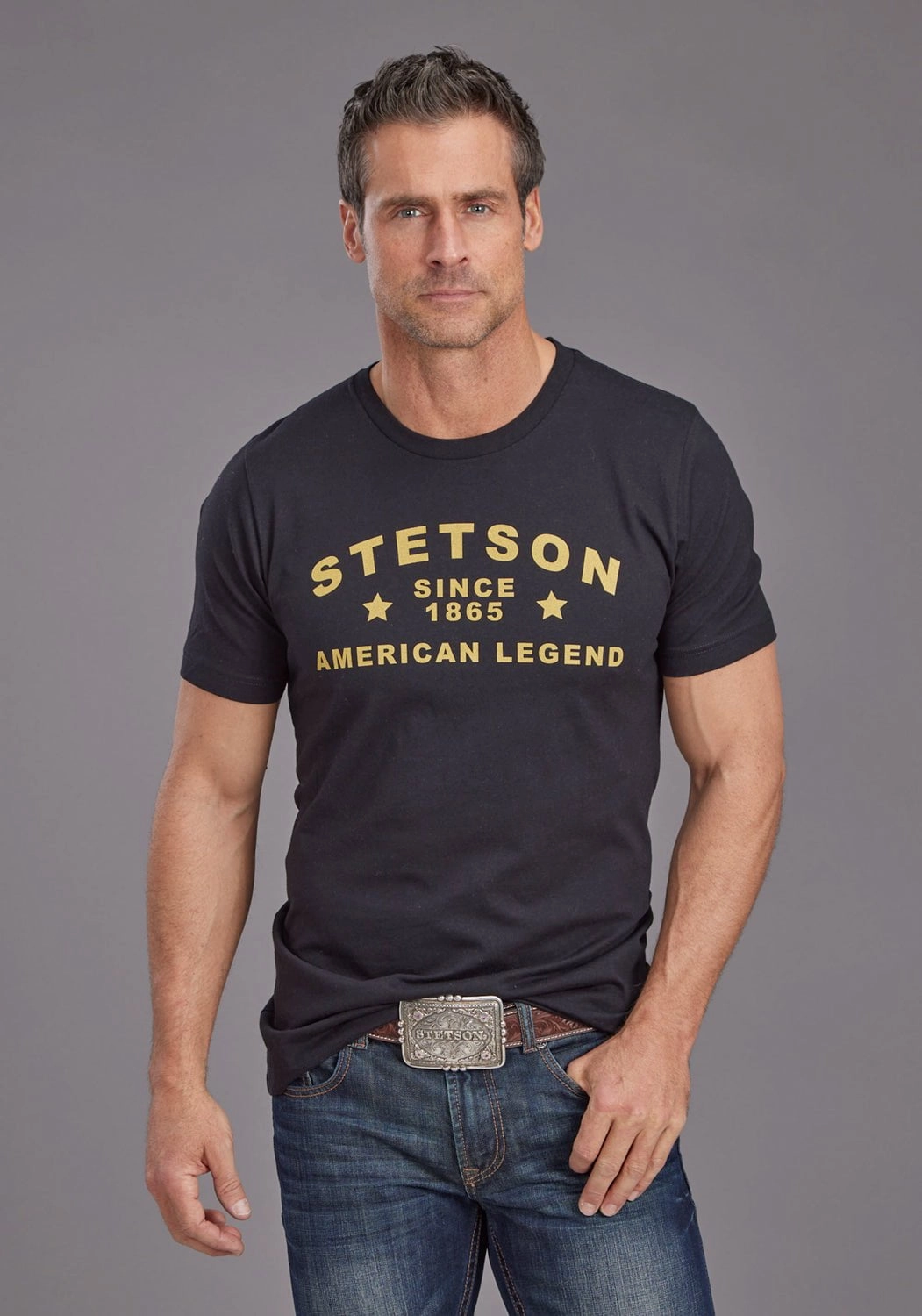 Stetson Mens American Legend Black 100% Cotton S/S T-Shirt Long Lasting Color Cozy Feeling
