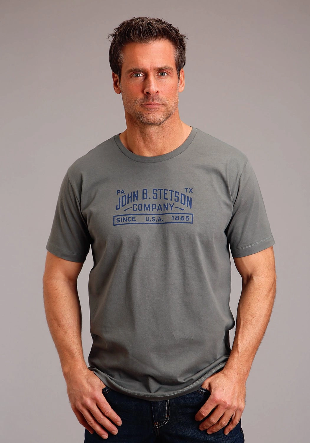 Must-Have Item Summer Vibes Stetson Mens Asphalt Grey 100% Cotton Company Logo S/S T-Shirt