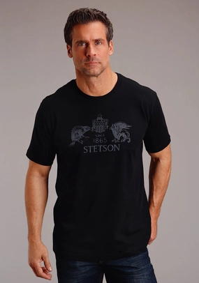 Stetson Mens Beaver Eagle Drawing Black 100% Cotton S/S T-Shirt Seasonal Wear Brushed Interior Lining