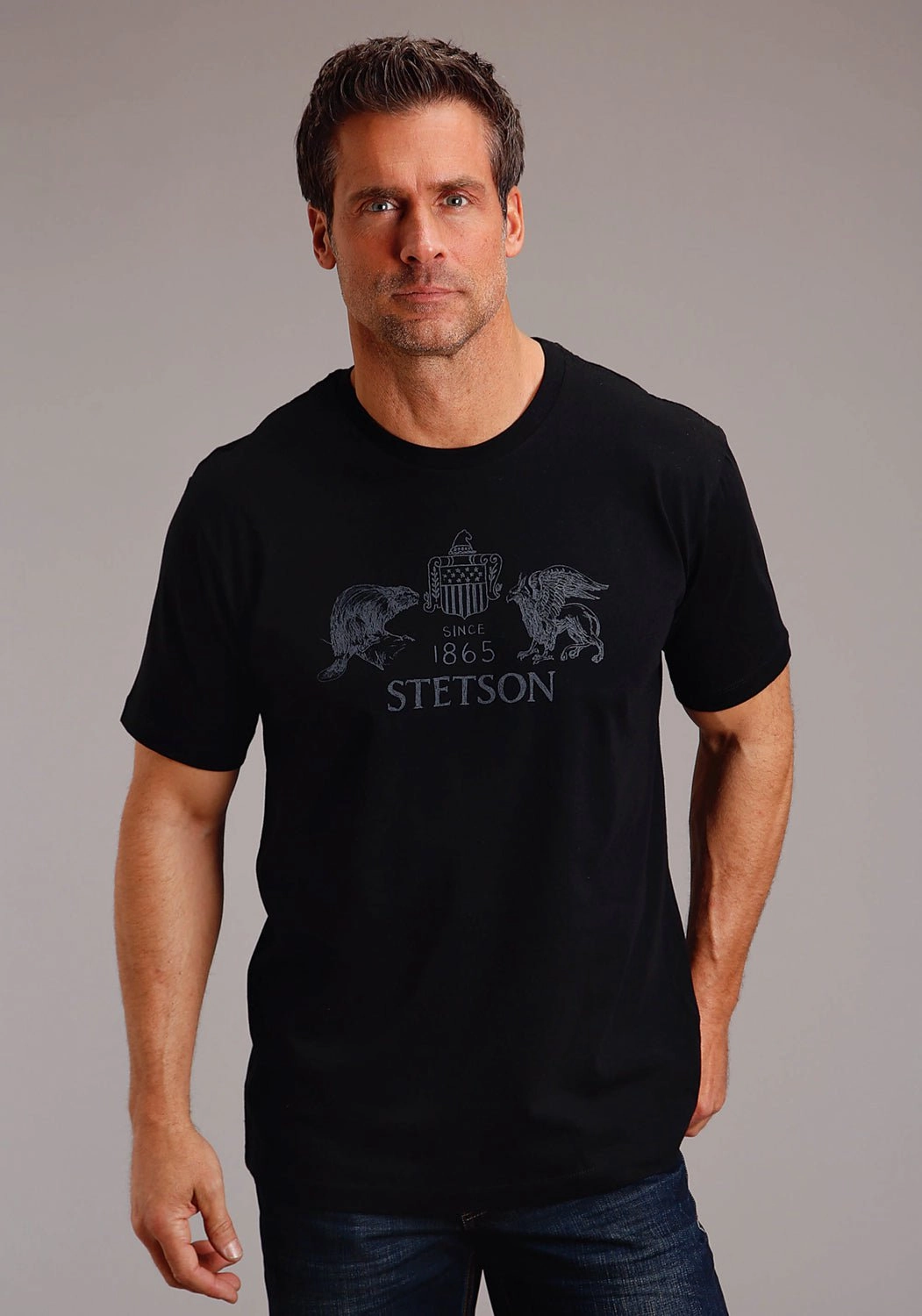 Light Fit Urban Casual Look Stetson Mens Beaver Eagle Drawing Black 100% Cotton S/S T-Shirt