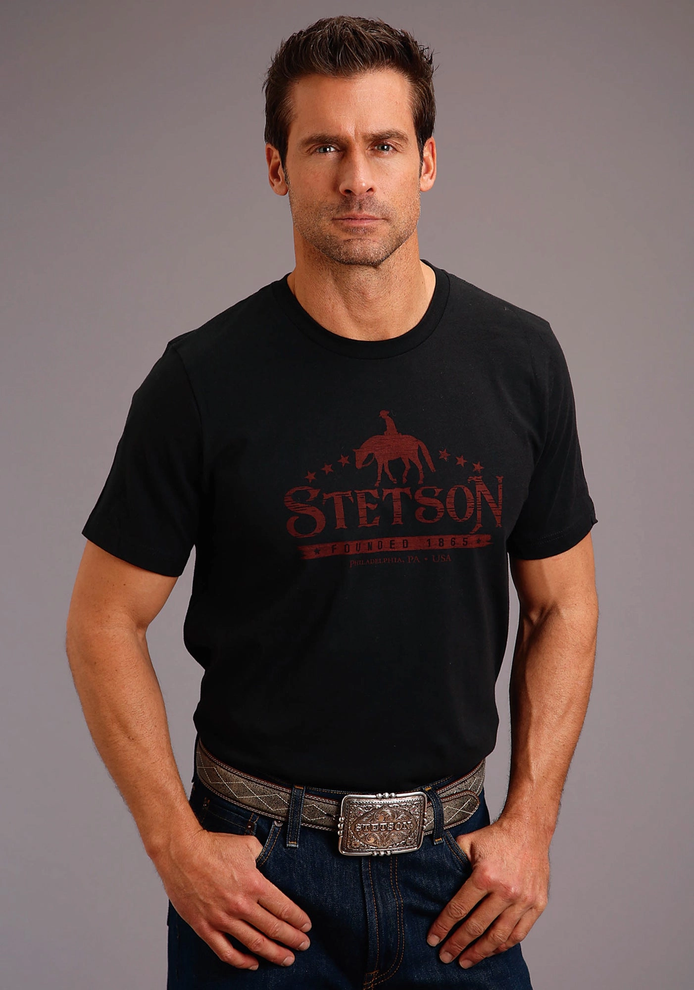 Stetson Mens Black 100% Cotton Man On Horse S/S T-Shirt Functional Wear