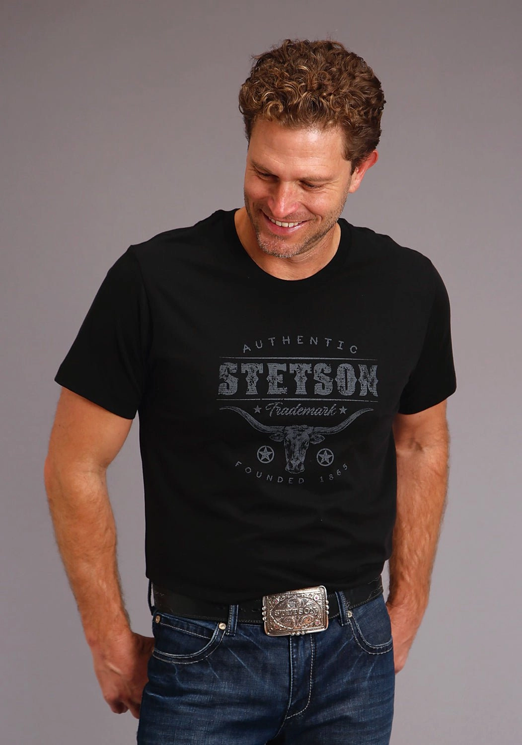 Stetson Mens Black 100% Cotton Steer Head S/S Trademark T-Shirt Work Appropriate Performance Fabric