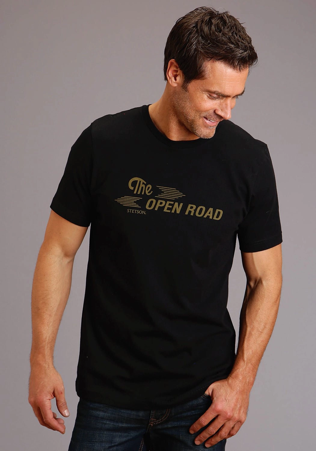 Stetson Mens Black 100% Cotton The Open Road S/S T-Shirt Fashionable Pick