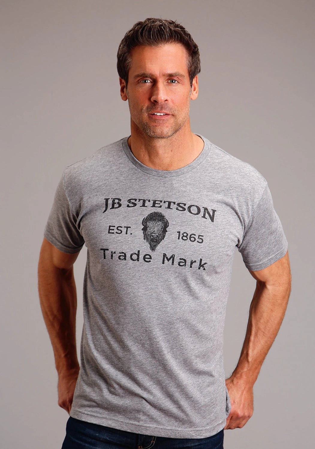 Comfy Performance Wear Stetson Mens Buffalo Head Grey Cotton Blend S/S T-Shirt